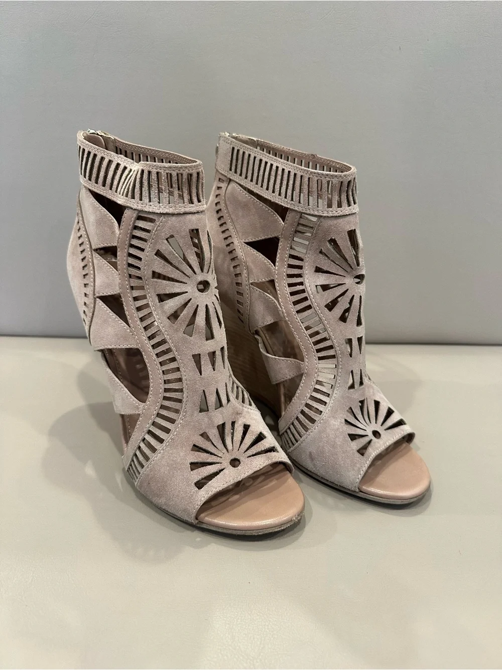 Sergio Rossi Blush Laser-Cut Peep-Toe Wedge Sandals